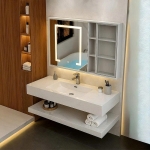 Bàn Đá 2 Tầng Trắng Vân Đá & Tủ Gương Led Forler