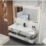 Bàn Đá 2 Tầng Trắng Vân Nâu Lavabo Âm & Gương Led Sấy Forler