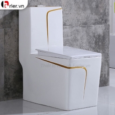 Bồn Cầu 1 Khối Trắng Viền Vàng Vuông Cao Cấp Forler