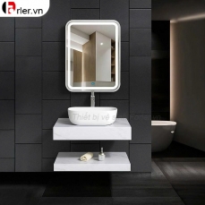 Bàn Đá 2 Tầng Trắng Vân Đá Chậu Lavabo & Gương Led Forler