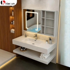 Bàn Đá 2 Tầng Trắng Vân Đá & Tủ Gương Led Forler