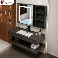 Bàn Đá Lavabo 2 Tầng Xám Vân Đá & Tủ Gương Led Forler