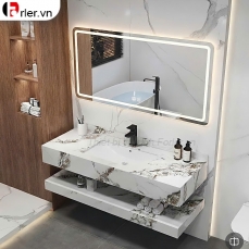 Bàn Đá 2 Tầng Trắng Vân Nâu Lavabo Âm & Gương Led Sấy Forler