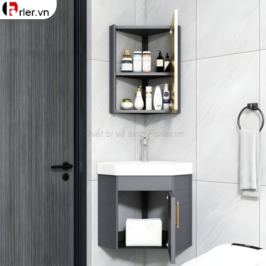 Bộ Tủ Kệ Góc Full Xám Viền Vàng Chậu Lavabo Và Tủ Gương Forler