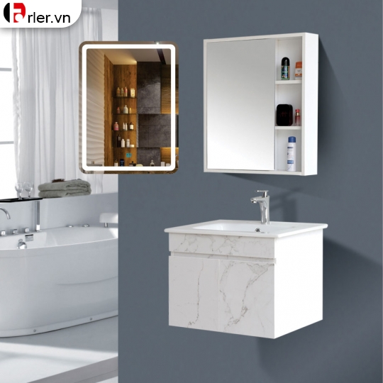 Bộ Tủ Nhựa PVC Vân Đá Đen & Gương Led Forler