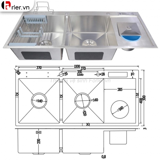 Bồn Rửa Chén 2 Hộc Inox 304 Độ Dày 3.5mm Forler