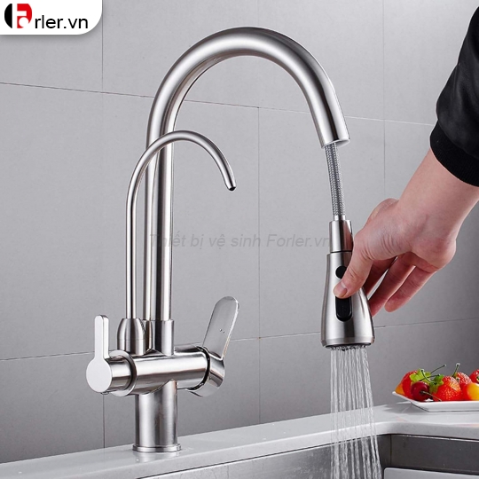 Vòi Rửa Chén Nóng Lạnh Dây Rút Inox Mờ (VRC53) Forler