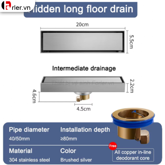 Phễu Thoát Sàn Đồng Thau Mạ Crome Chống Hôi Dài PS02 FORLER