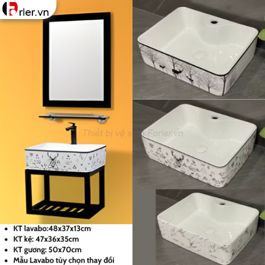 Chân Kệ Inox Chậu Lavabo Họa Tiết Hươu Và Gương Thường Forler