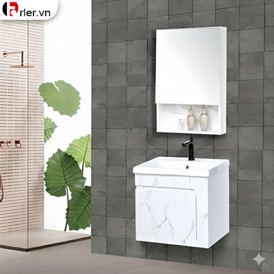 Bộ Tủ Nhựa PVC Cao Cấp Vân Đá Trắng & Tủ Gương Forler