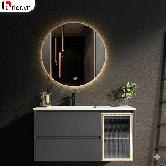 Bộ Tủ Nhựa PVC, Chậu Bàn Đá Lavabo, Gương Led Tròn Forler
