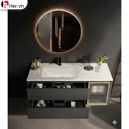 Bộ Tủ Nhựa PVC, Chậu Bàn Đá Lavabo, Gương Led Tròn Forler