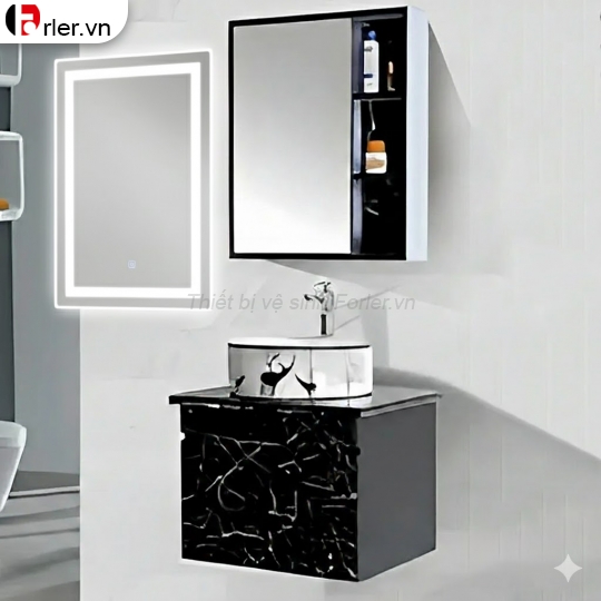 Bộ Tủ Nhựa Đen Vân Đá Cao Cấp & Tủ Gương Forler