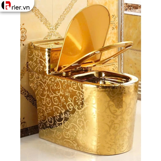 Bồn Cầu Một Khối Dáng Lùn Vàng Đồng Viền Hoa Văn Forler