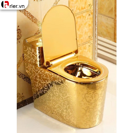 Bồn Cầu Một Khối Dáng Lùn Vàng Đồng Viền Hoa Văn Forler