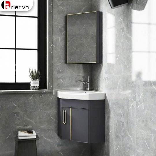 Bộ Tủ Kệ Góc Full Xám Viền Vàng Chậu Lavabo Và Tủ Gương Forler