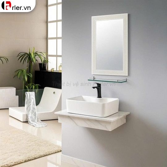 Bộ Lavabo Bàn Đá Trắng Vân Đá & Gương Thường