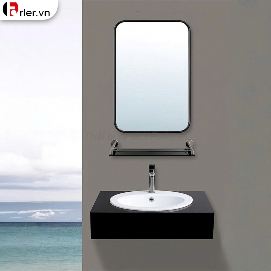 Bộ Lavabo Bàn Đá Đen & Gương Thường Viền Inox Forler