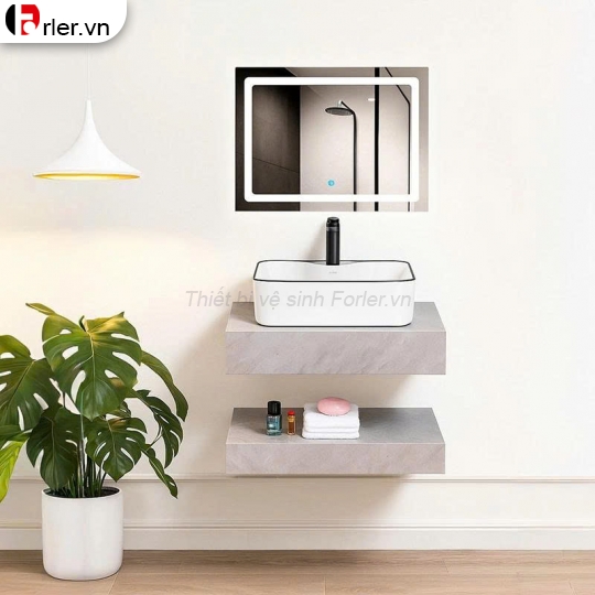 Bàn Đá 2 Tầng Xám Bóng Lavabo & Gương Led Forler