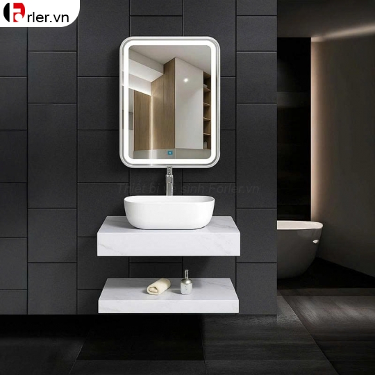 Bàn Đá 2 Tầng Trắng Vân Đá Chậu Lavabo & Gương Led Forler