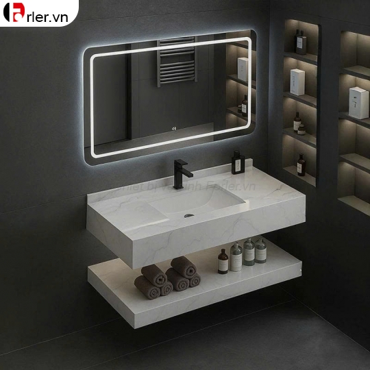 Bàn Đá 2 Tầng Lavabo Trắng Vân Đá & Gương Led Forler