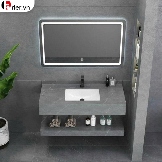 Bàn Đá 2 Tầng Lavabo Âm Xám Vân Đá Và Gương Led Forler