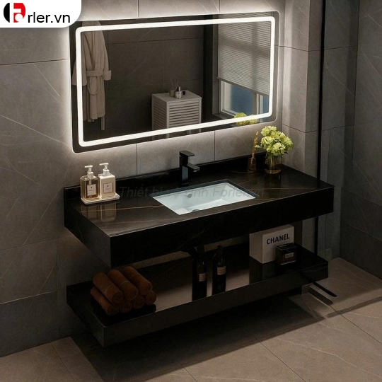 Bàn Đá Lavabo 2 Tầng Đen Vân Đá & Gương Led Forler