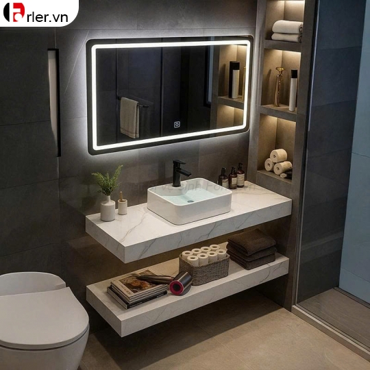 Bàn Đá 2 Tầng Lavabo Đặt Bàn & Gương Led Forler