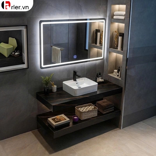 Bàn Đá Đen 2 Tầng Lavabo Đặt Bàn & Gương Led Forler