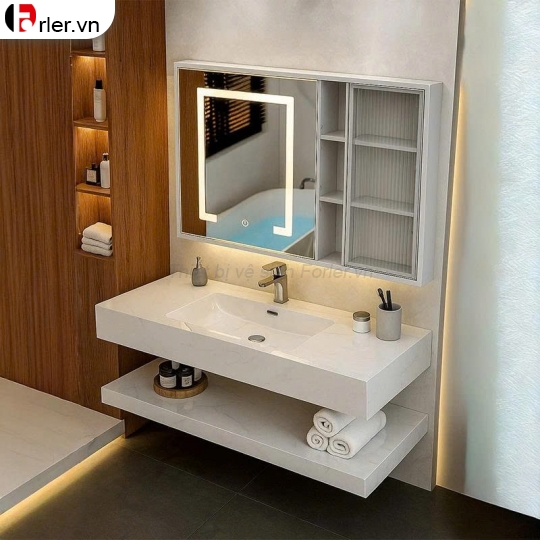 Bàn Đá 2 Tầng Trắng Vân Đá & Tủ Gương Led Forler