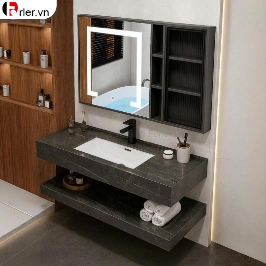 Bàn Đá Lavabo 2 Tầng Xám Vân Đá & Tủ Gương Led Forler
