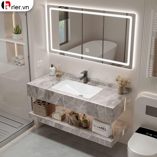 Bàn Đá 2 Tầng Lavabo Xám Bóng & Gương Led Forler