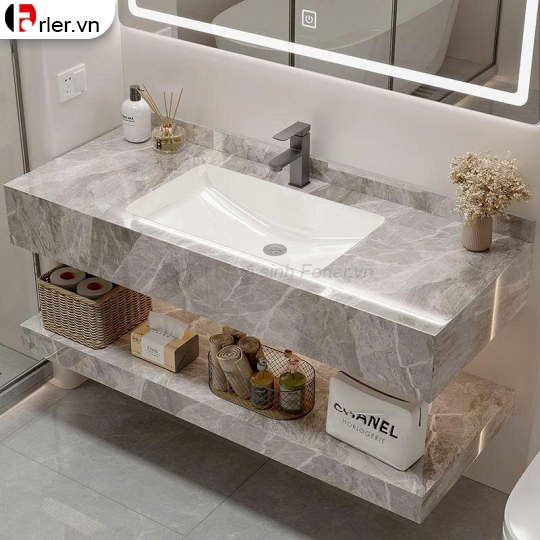 Bàn Đá 2 Tầng Lavabo Xám Bóng & Gương Led Forler