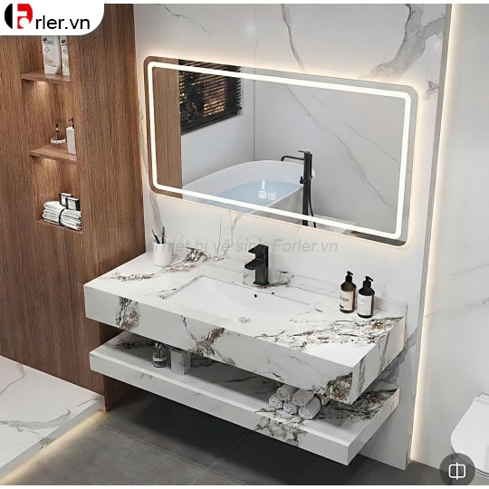 Bàn Đá 2 Tầng Trắng Vân Nâu Lavabo Âm & Gương Led Sấy Forler