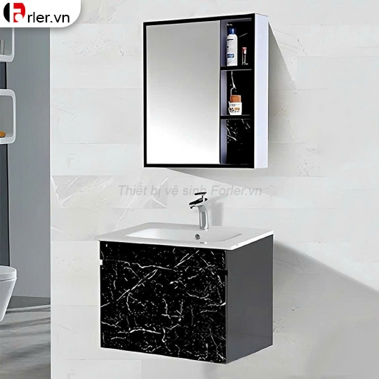 Bộ Tủ Nhựa PVC Vân Đá Đen & Gương Led Forler