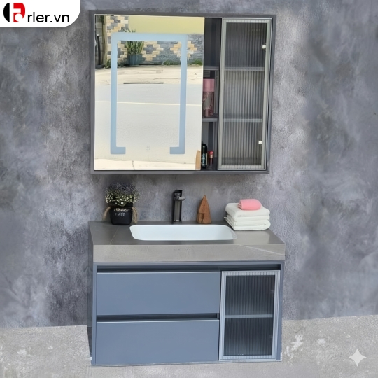 Bộ Tủ Nhụa PVC Xám Mặt Đá & Tủ Gương Led Forler