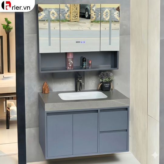 Bộ Tủ Nhựa PVC Cao Cấp Xám & Tủ Gương Led Forler