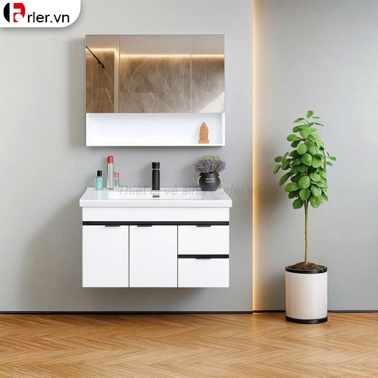 Bộ Tủ Nhựa PVC Cao Cấp Trắng Viền Đen & Tủ Gương Forler