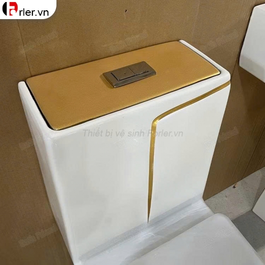 Bồn Cầu 1 Khối Trắng Viền Vàng Vuông Cao Cấp Forler