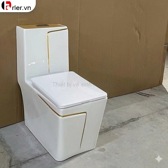 Bồn Cầu 1 Khối Trắng Viền Vàng Vuông Cao Cấp Forler